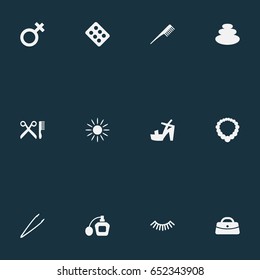 Vector Illustration Set Of Simple Spa Icons. Elements Perfume, Purse, Stone Therapy And Other Synonyms Sandals, Sprayer And Shoes.