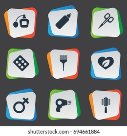 Vector Illustration Set Of Simple Spa Icons. Elements Gel, Hairbrush, Natural And Other Synonyms Pill, Symbol And Brush.