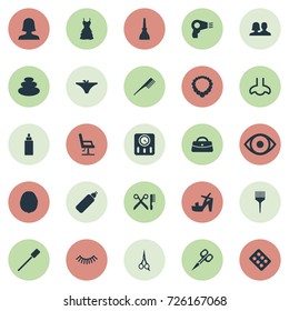 Vector Illustration Set Of Simple Spa Icons. Elements Barber Tool, Hairstyle, Style And Other Synonyms Sence, Drug And Dropper.