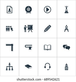 Vector Illustration Set Of Simple Speaker Icons. Elements Discussion, Curriculum Vitae, Communication And Other Synonyms Ruler, Book And Camera.