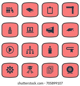 Vector Illustration Set Of Simple Speaker Icons. Elements Book, List, Team Leader And Other Synonyms Ruler, Diploma And Camera.