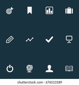 Vector Illustration Set Of Simple Startup Icons. Elements Magazine, Switch Off, Globe And Other Synonyms Board, Growth And Goal.