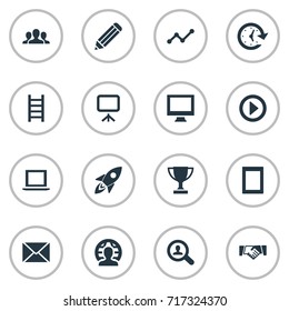 Vector Illustration Set Of Simple Startup Icons. Elements Global Business, Company, Computer And Other Synonyms Report, Frame And Team.