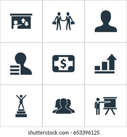 Vector Illustration Set Of Simple Strategy Icons. Elements Growth Chart, User, Demonstration And Other Synonyms User, Candidate And Income.