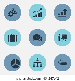 Vector Illustration Set Of Simple Strategy Icons. Elements Conversation, Rising Up, Growth Chart And Other Synonyms Coach, Development And Portfolio.