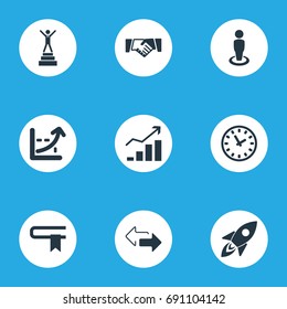 Vector Illustration Set Of Simple Strategy Icons. Elements Increase Graph, Agreement, Rocket And Other Synonyms Statistics, Bookmark And Employee.