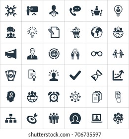 Vector Illustration Set Of Simple Strategy Icons. Elements Progress, Call, Think And Other Synonyms Laptop, Customer And Staff.