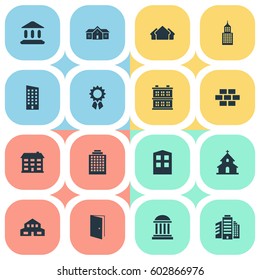 Vector Illustration Set Of Simple Structure Icons. Elements Superstructure, Structure, Residential And Other Synonyms Realty, Door And Medal.