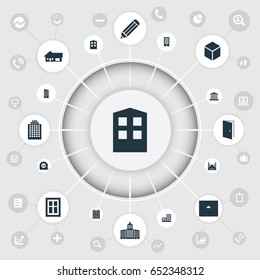 Vector Illustration Set Of Simple Structure Icons. Elements Flat, Urban Construction, Construction And Other Synonyms Offices, Write And University.
