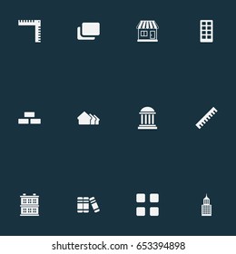 Vector Illustration Set Of Simple Structure Icons. Elements Ruler, Block, Academy And Other Synonyms Block, Bubble And Plan.