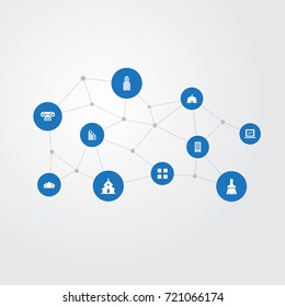 Vector Illustration Set Of Simple Structure Icons. Elements Urban Construction, City Structure, Hotel And Other Synonyms Church, Hotel And Tent.