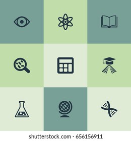Vector Illustration Set Of Simple Study Icons. Elements Book, Helix, Atom And Other Synonyms Bacterium, Library And Counting.