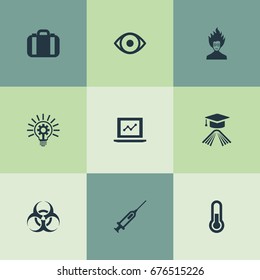 Vector Illustration Set Of Simple Study Icons. Elements Innovation, Briefcase, Mad Scientist And Other Synonyms Book, Energy And Online.