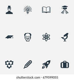 Vector Illustration Set Of Simple Study Icons. Elements Molecule, Temperature Measurement, Book And Other Synonyms Cap, Master And Nuclear.
