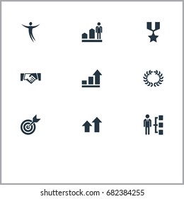 Vector Illustration Set Of Simple Success Icons. Elements Freeman, Reward, Diagram And Other Synonyms Hero, Medal And Growth.