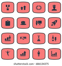 Vector Illustration Set Of Simple Success Icons. Elements Diagram, First Place, Leader And Other Synonyms Achievement, Whiskey And Military.