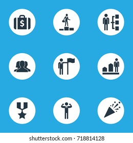 Vector Illustration Set Of Simple Success Icons. Elements Successful Person, Success, Money Suitcase And Other Synonyms Increase, Man And Sparkle.