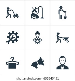 Vector Illustration Set Of Simple Support Icons. Elements Appliances Repair, Horticulture, Builder And Other Synonyms Suspender, Megaphone And Work.