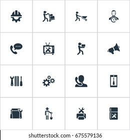 Vector Illustration Set Of Simple Support Icons. Elements Farmer With Shovel, On Duty, Warranty Repairing And Other Synonyms Tv, Mechanism And Farming.