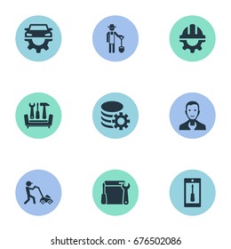 Vector Illustration Set Of Simple Support Icons. Elements Farmer With Shovel, Tools, Mechanism And Other Synonyms Helmet, Horticulture And Tools.
