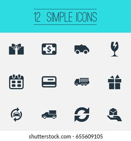 Vector Illustration Set Of Simple Surrender Icons. Elements Birthday Parcel, Day, Cargo Truck And Other Synonyms Shipping, Repeatability And Glass.