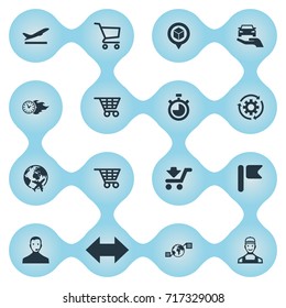 Vector Illustration Set Of Simple Systematization Icons. Elements Courier, Conversation, Wheelbarrow And Other Synonyms Measure, Road And Pin.