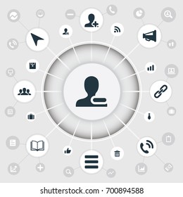Vector Illustration Set Of Simple Team Icons. Elements Rubbish Can, Open Book, Internet Access And Other Synonyms Briefcase, Formal And Cravat.