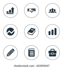 Vector Illustration Set Of Simple Teamwork Icons. Elements Handshake, Growth, Graph Synonyms Graph, Growth And Agreement.