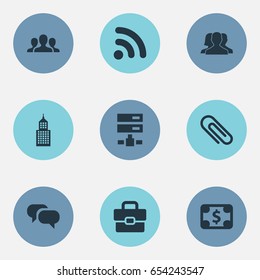 Vector Illustration Set Of Simple Teamwork Icons. Elements Network, Bill, Conversation And Other Synonyms Payment, Clip And Hardware.