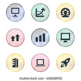 Vector Illustration Set Of Simple Teamwork Icons. Elements Computer, Success, Spaceship And Other Synonyms Success, Rocket And Arrow.