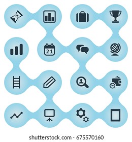 Vector Illustration Set Of Simple Teamwork Icons. Elements Winner, Gadget, Sandglass Synonyms Earth, Conversation And Human.