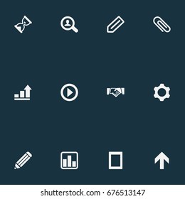 Vector Illustration Set Of Simple Teamwork Icons. Elements Gear, Graph, Analytics And Other Synonyms Sandglass, Play And Gear.