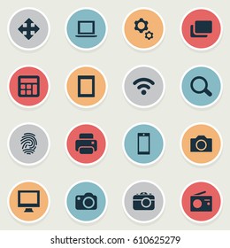 Vector Illustration Set Of Simple Technology Icons. Elements Laptop, Camera, Adding Device And Other Synonyms Settings, Identification And SEO.