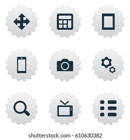 Vector Illustration Set Of Simple Technology Icons. Elements Options, Smartphone, Move And Other Synonyms Smartphone, Magnifier And Branch.