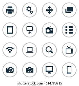 Vector Illustration Set Of Simple Technology Icons. Elements Tuner, Camera, Schedule And Other Synonyms Device, Radio And Mobile.