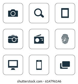 Vector Illustration Set Of Simple Technology Icons. Elements Layout, Smartphone, Fingerprint And Other Synonyms Fm, Radio And Reflex.