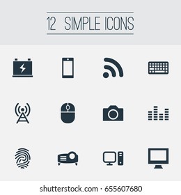 Vector Illustration Set Of Simple Technology Icons. Elements Accumulator, Photography, Control Device And Other Synonyms Camera, Volume And Radio.