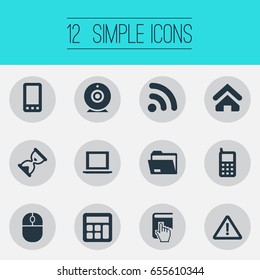 Vector Illustration Set Of Simple Technology Icons. Elements Calculator, Telephone, Select And Other Synonyms Web, Attention And Phone.