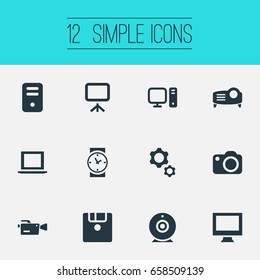 Vector Illustration Set Of Simple Technology Icons. Elements Clock, Videochat, Save And Other Synonyms Floppy, Disk And Options.