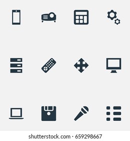 Vector Illustration Set Of Simple Technology Icons. Elements Controller, Adding Device, Schedule And Other Synonyms Mobile, Options And Interface.