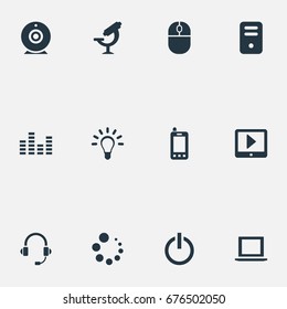 Vector Illustration Set Of Simple Technology Icons. Elements Microbiology, Waiting, Headphones And Other Synonyms Optical, Headsets And Power.