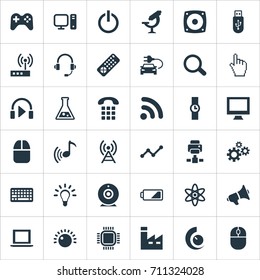 Vector Illustration Set Of Simple Technology Icons. Elements Broadcast, Volume Control, Cogwheel And Other Synonyms Button, Wifi And Pointer.