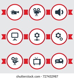 Vector Illustration Set Of Simple Technology Icons. Elements Cinema, Show, Recording And Other Synonyms Board, Motor And Broadcasting.