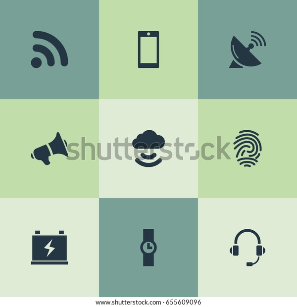 Vector Illustration Set Of Simple Technology\
Icons. Elements Accumulator, Smartphone, Thumbprint And Other\
Synonyms Charge, Wifi And\
Clock.