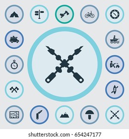 Vector Illustration Set Of Simple Tent Icons. Elements Kebab, Axes, Navigation And Other Synonyms Minivan, Mushroom And Leisure.