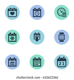 Vector Illustration Set Of Simple Time Icons. Elements Agenda, Deadline, Intelligent Hour And Other Synonyms History, Calendar And Deadline.