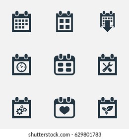 Vector Illustration Set Of Simple Time Icons. Elements History, Heart, Date Block And Other Synonyms Reminder, Heart And Day.