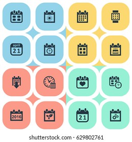 Vector Illustration Set Of Simple Time Icons. Elements Planner, Heart, Date And Other Synonyms Birthday, Clock And Event.