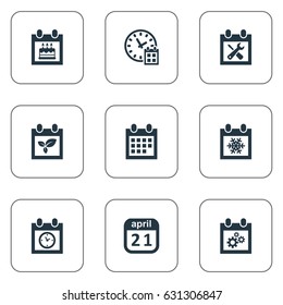 Vector Illustration Set Of Simple Time Icons. Elements Snowflake, Plant, Deadline And Other Synonyms Gear, Block And Remembrance.