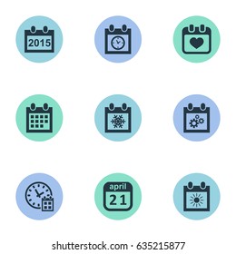 Vector Illustration Set Of Simple Time Icons. Elements Annual, Almanac, Planner And Other Synonyms Agenda, Gear And Almanac.